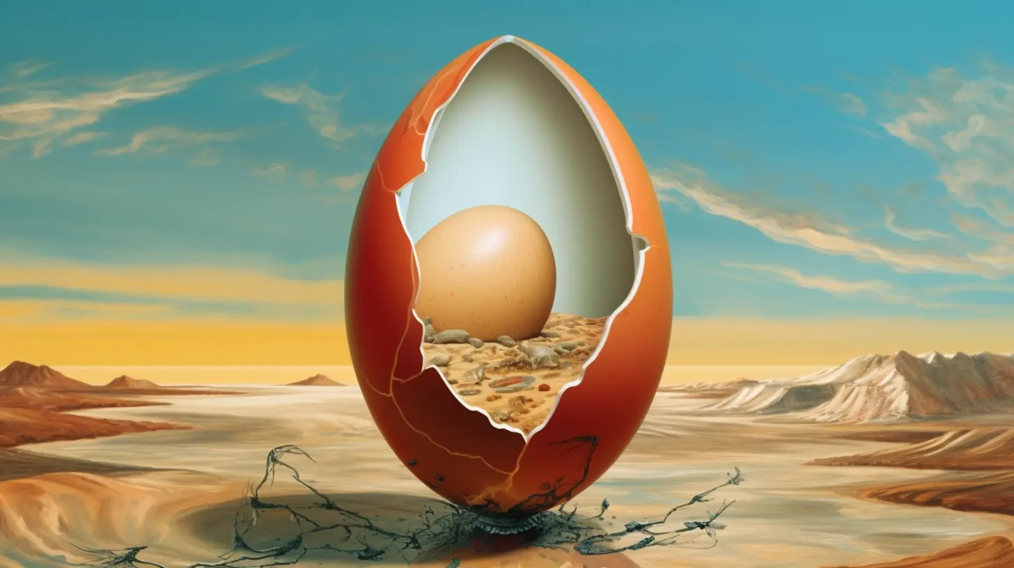 A nested egg in an hallowed out egg painted in the style of Dali