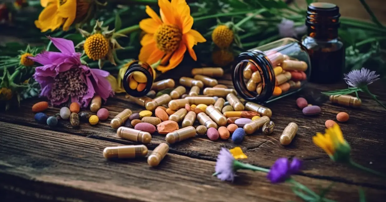 Flowers and supplements on rustic wooden table