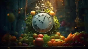 clock and fruit and vegetables around it