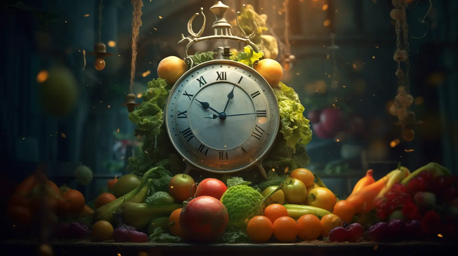 clock and fruit and vegetables around it
