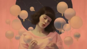 a woman surrounded by pink bubbles