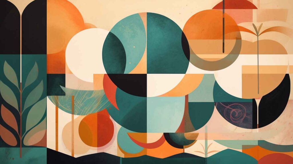 abstract image of warm colored shapes and illustrations