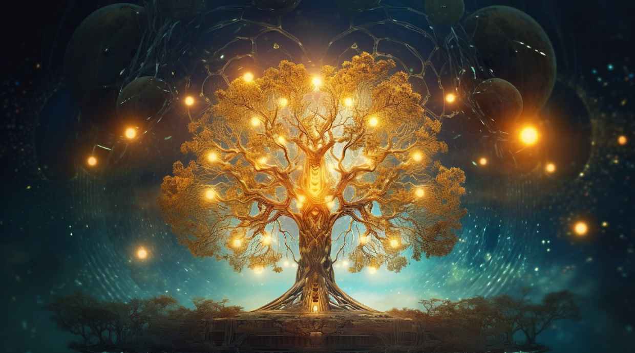 a tree glowing yellow dots in green background
