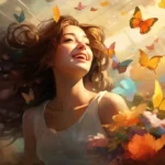 woman happy looking into the light with colorful butterflies around her