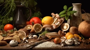 mushrooms, wheat germ, citrus fruit on a table