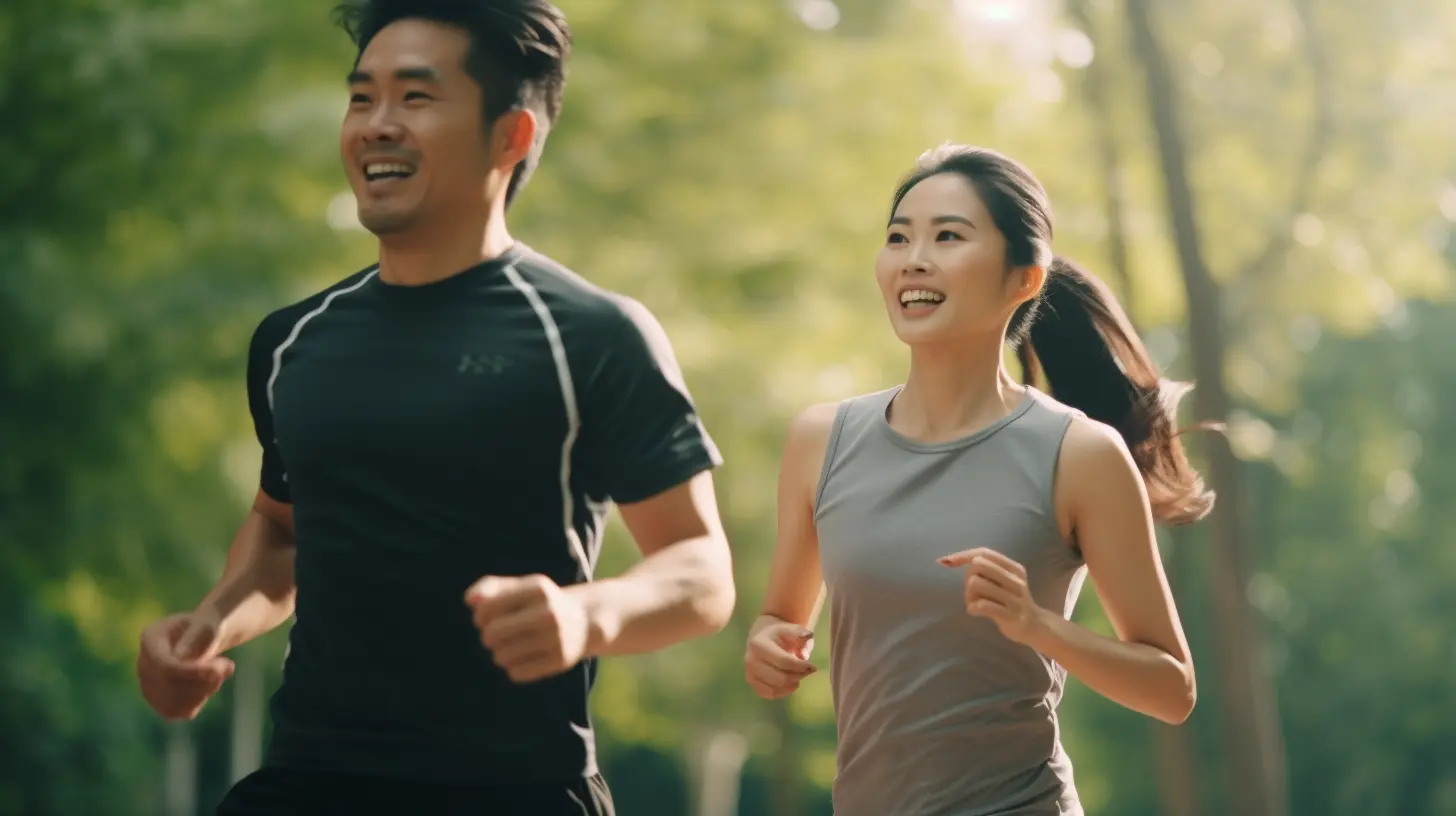 asian man and woman doing zone 2 jogging in the park happily on a sunny day