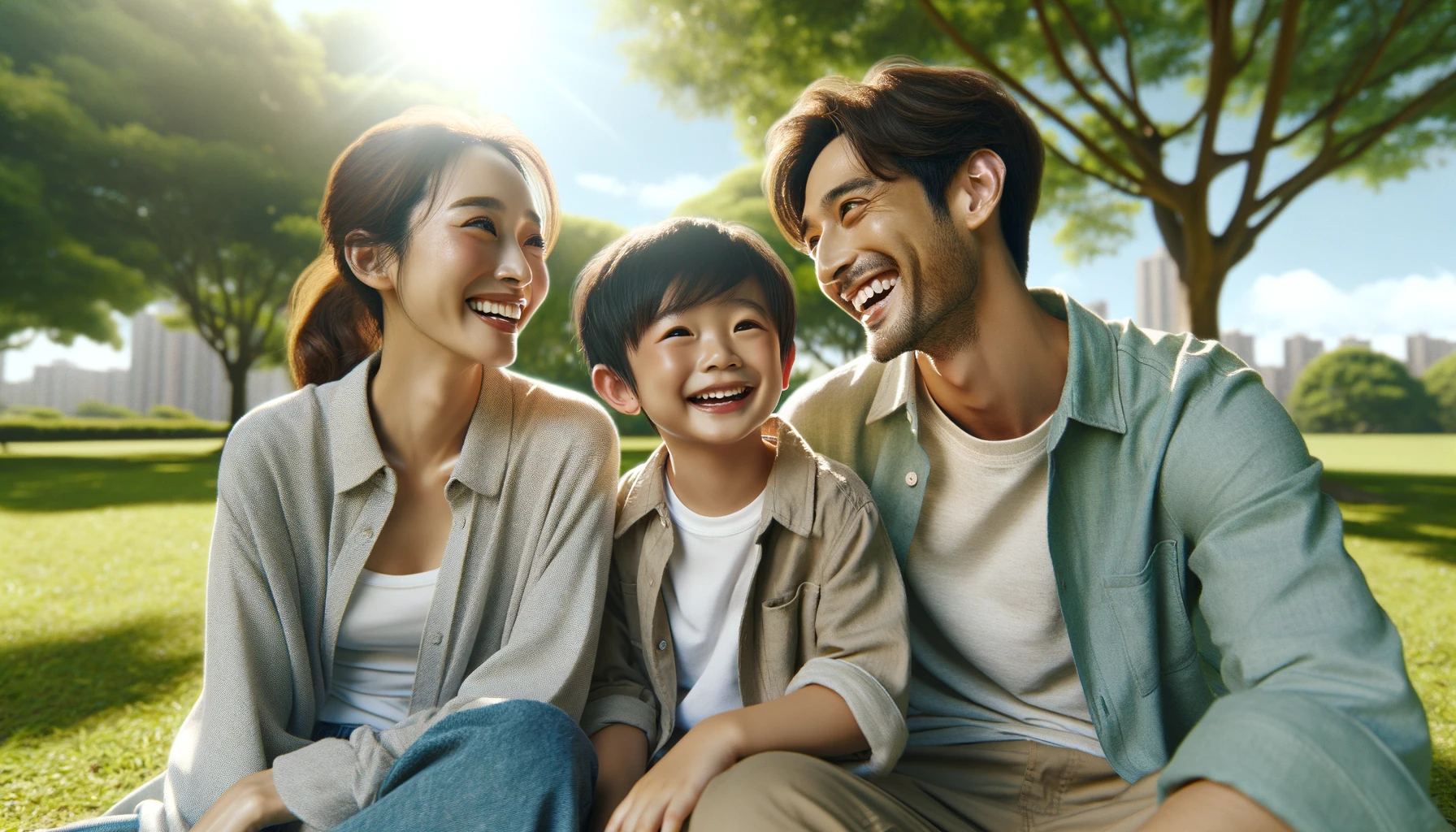 healthy taiwanese family of three in the park smiling