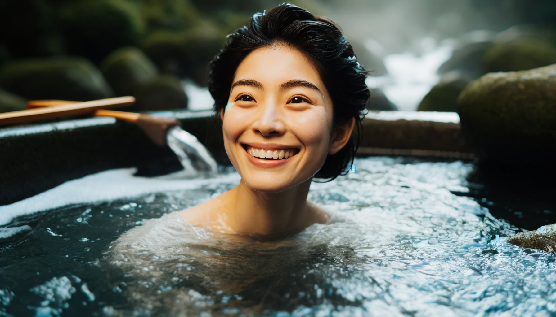 an Asian woman immersed in cold bath happily
